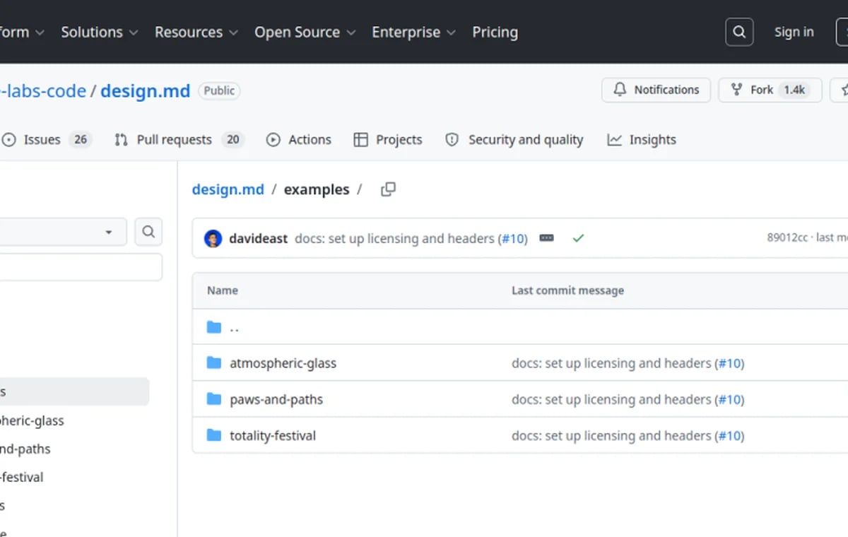 Google DESIGN.md repo examples screenshot