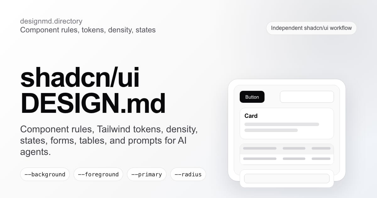 shadcn/ui DESIGN.md preview with component rules, Tailwind tokens, density, states, and AI agent prompts