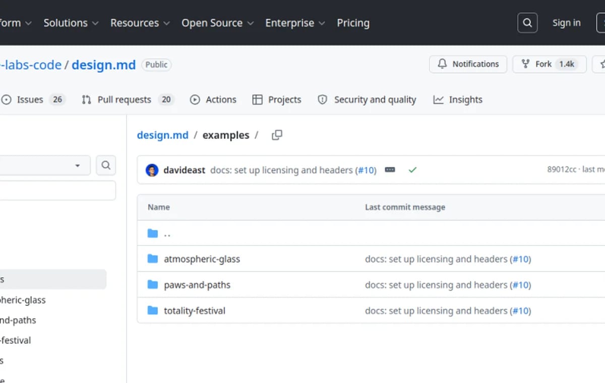 Google DESIGN.md repo examples screenshot
