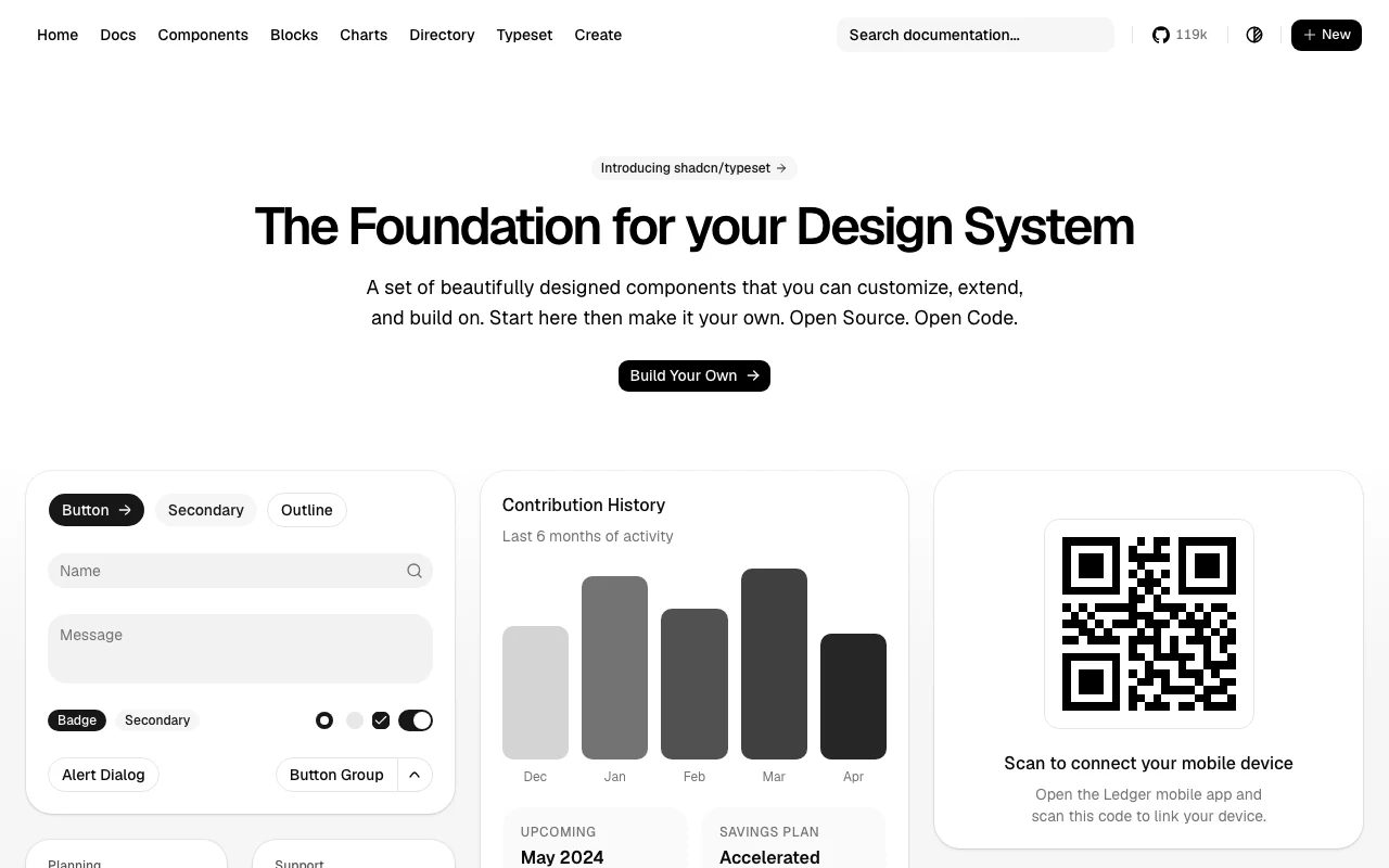 The ui.shadcn.com homepage showing the shadcn/ui component library and its default theme