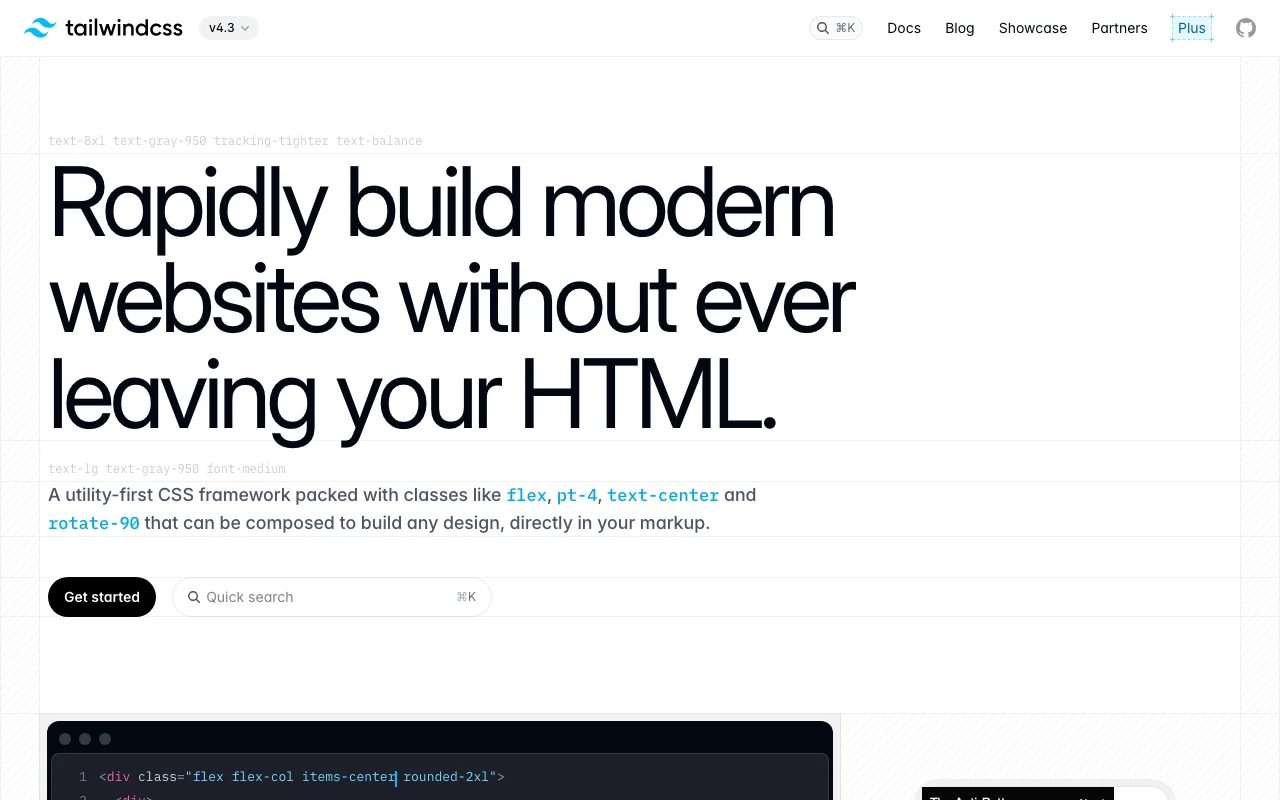 The tailwindcss.com homepage with an annotated hero showing utility class names next to the rendered text
