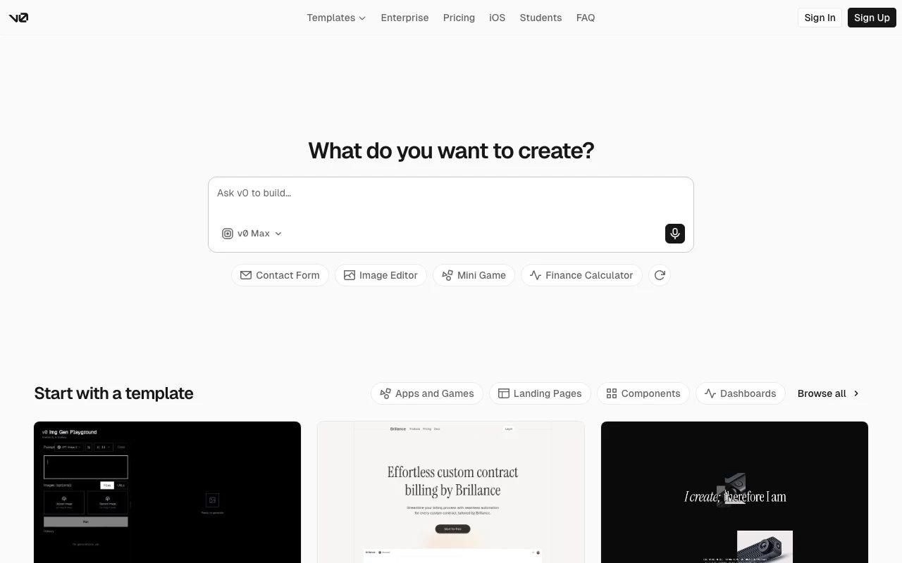The v0.app homepage prompt box asking "What do you want to create?" with template starting points below