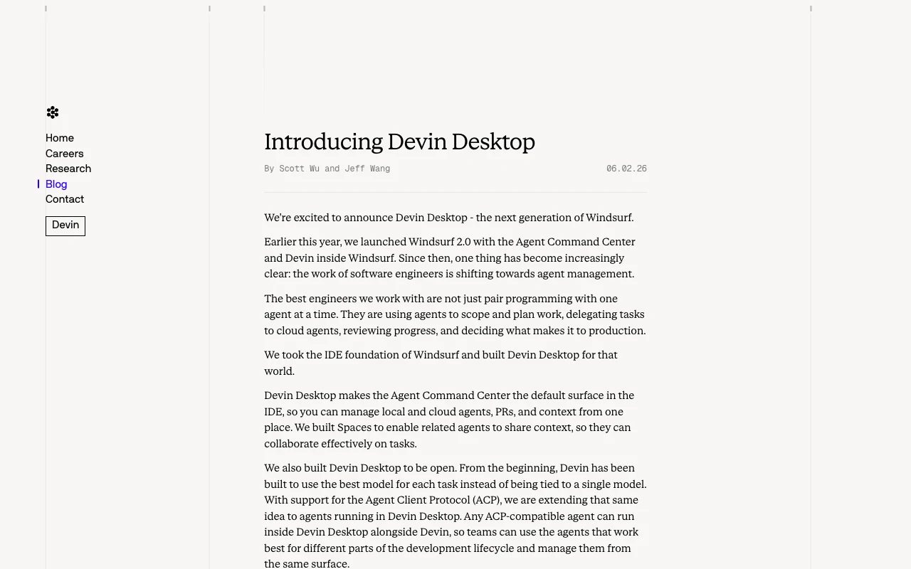 Devin Desktop announcement page from Cognition