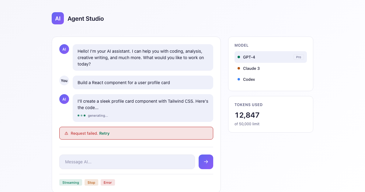 AI App Starter DESIGN.md template preview showing the product workspace layout