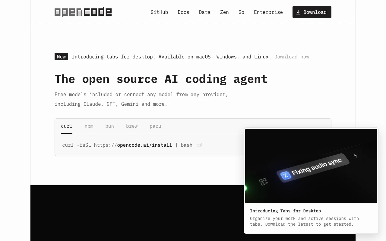 OpenCode open source coding agent homepage