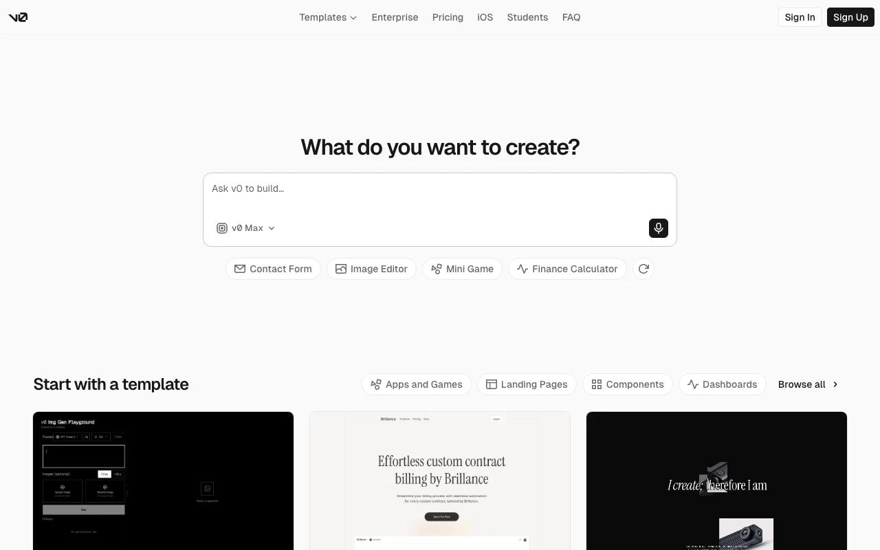 The v0.app homepage prompt box asking "What do you want to create?" with template starting points below