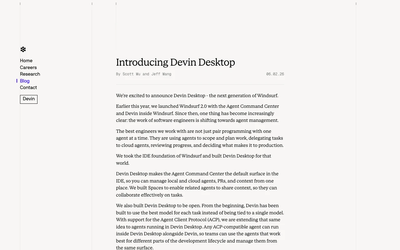 Devin Desktop announcement page from Cognition